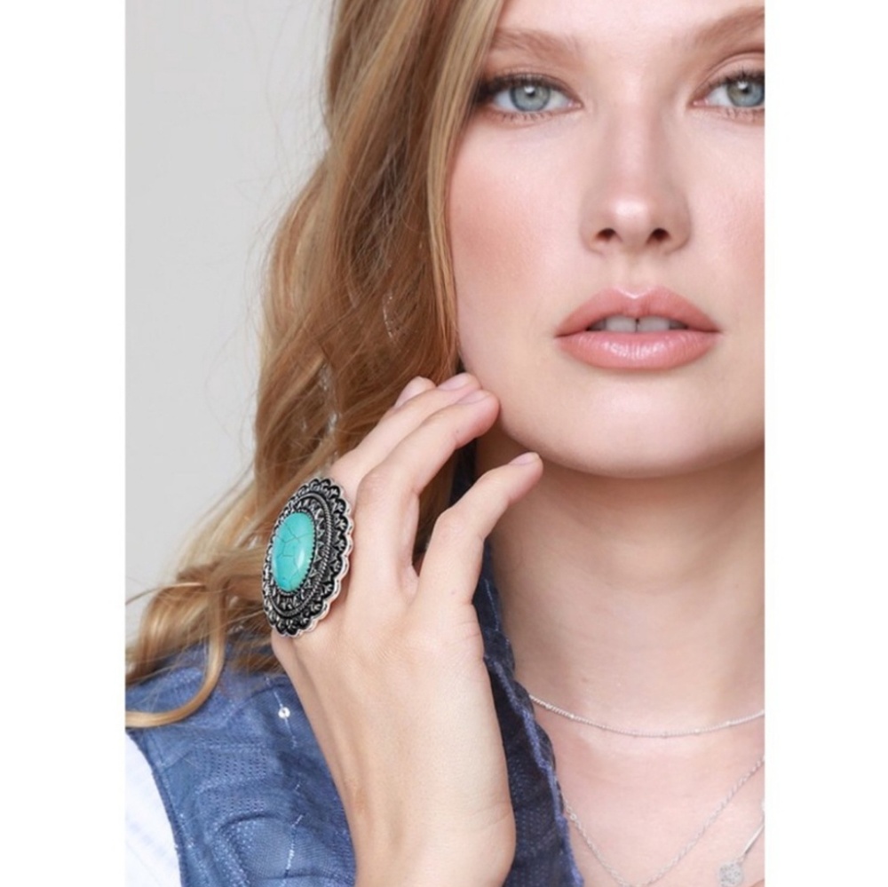 Boho Mandala Flower Turquoise Ring - Picture 7 of 7